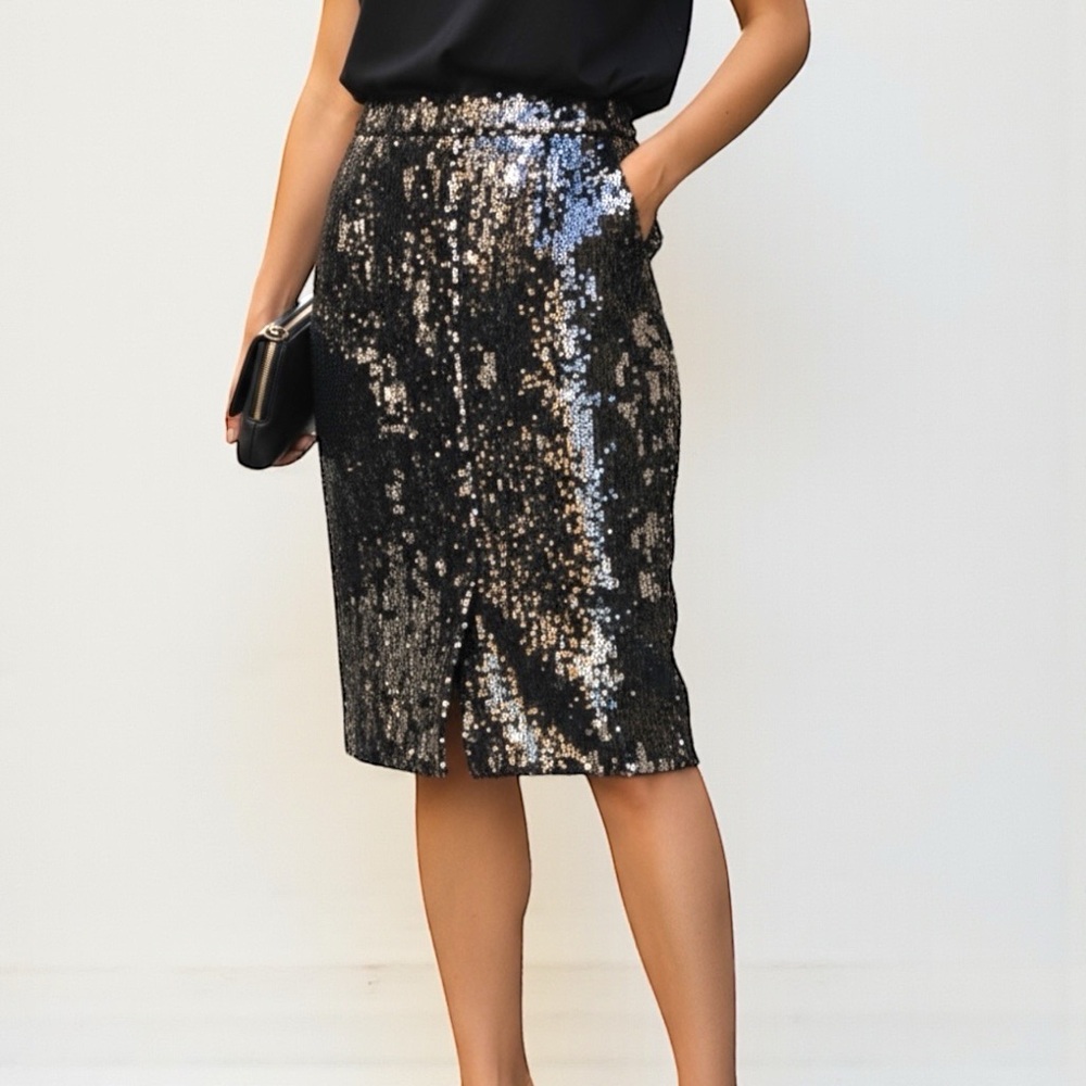 Zara Black Silver Sequin Midi Pencil Skirt Party Cocktail NWT